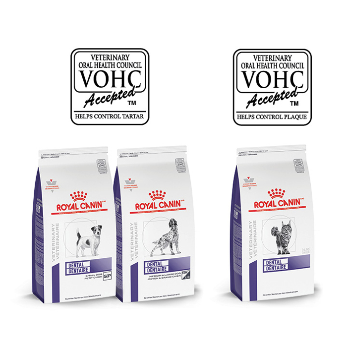 dental diets with VOHC image blown up for dog diets, and same for cat diet (objective is to show tartar is for dogs and plaque is for cats)