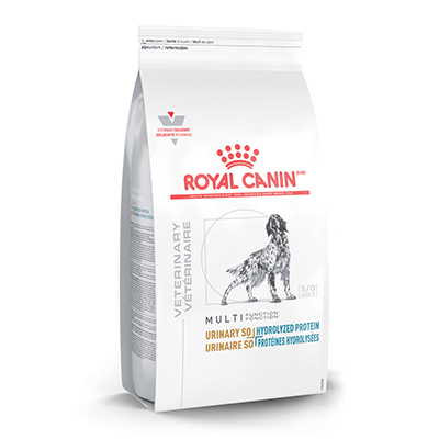 Multifunction canine urinary SO plus hydrolyzed protein dry food.